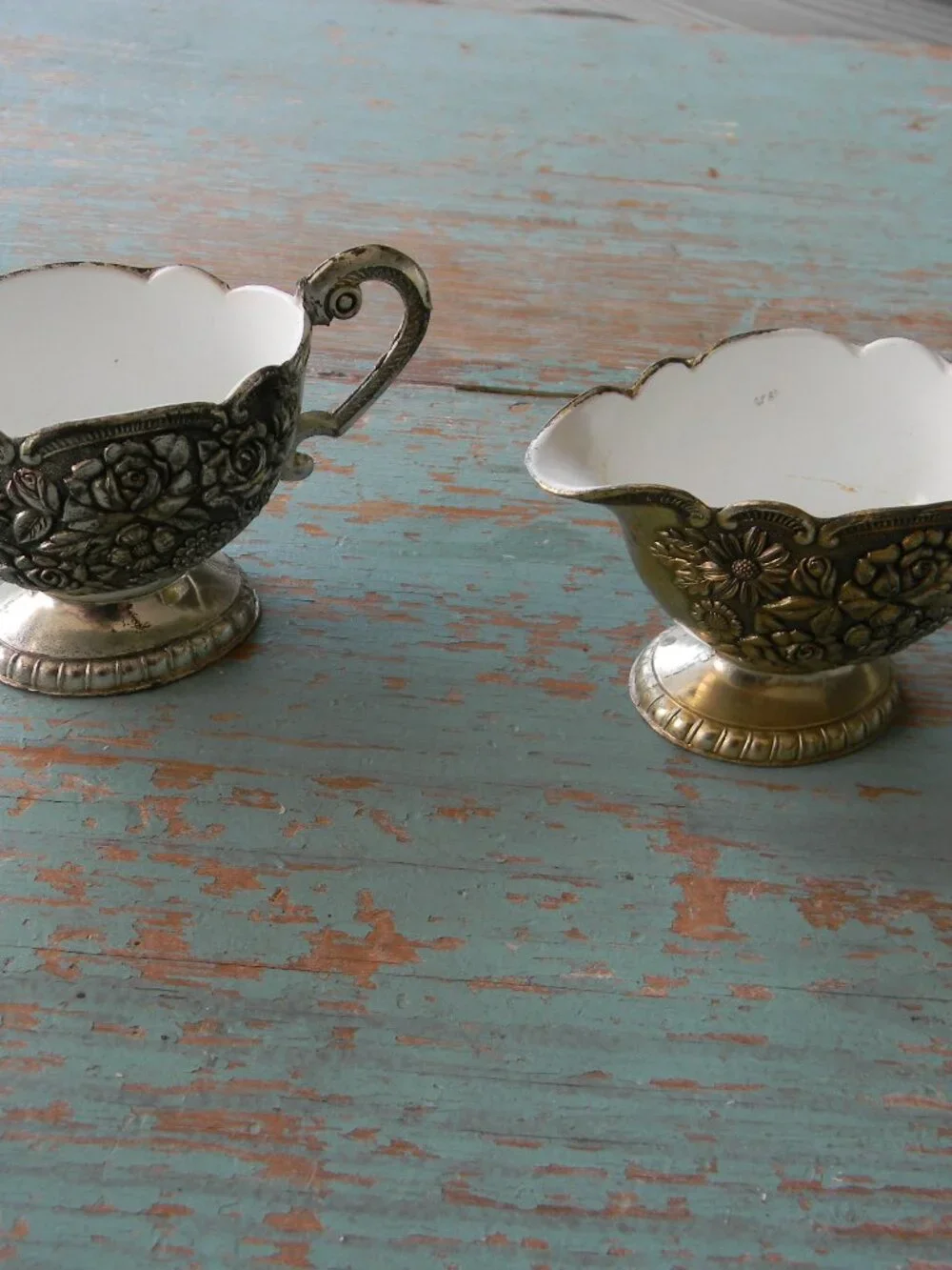 VINTAGE MINI Silver Plated Sugar Creamer Set Porcelain Lined, Floral EMBOSSED